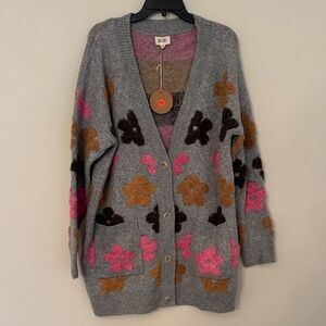 Oversized BiBi Gray Floral Button Cardigan with Pink and Brown Accents